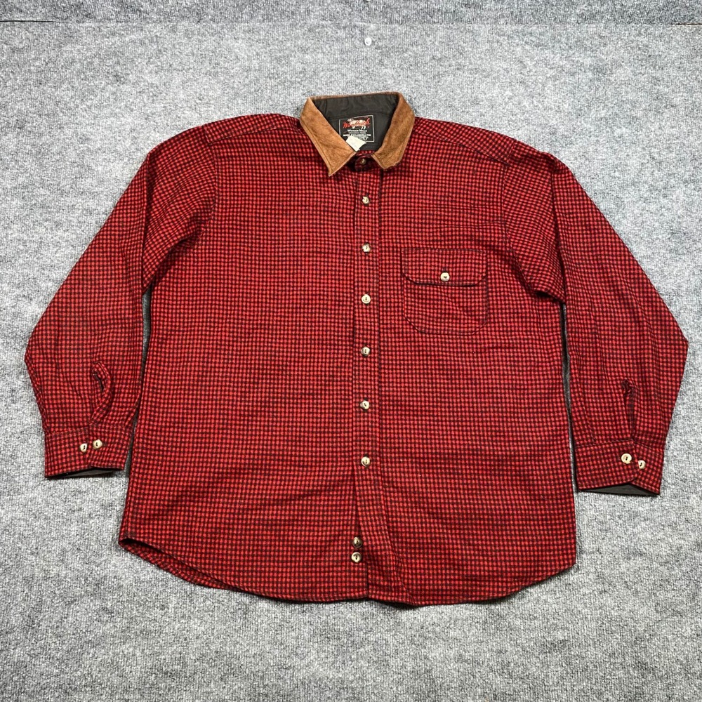 Woolrich Lands End Mens Large Red Black Wool Check Shirt Corduroy Collar USA